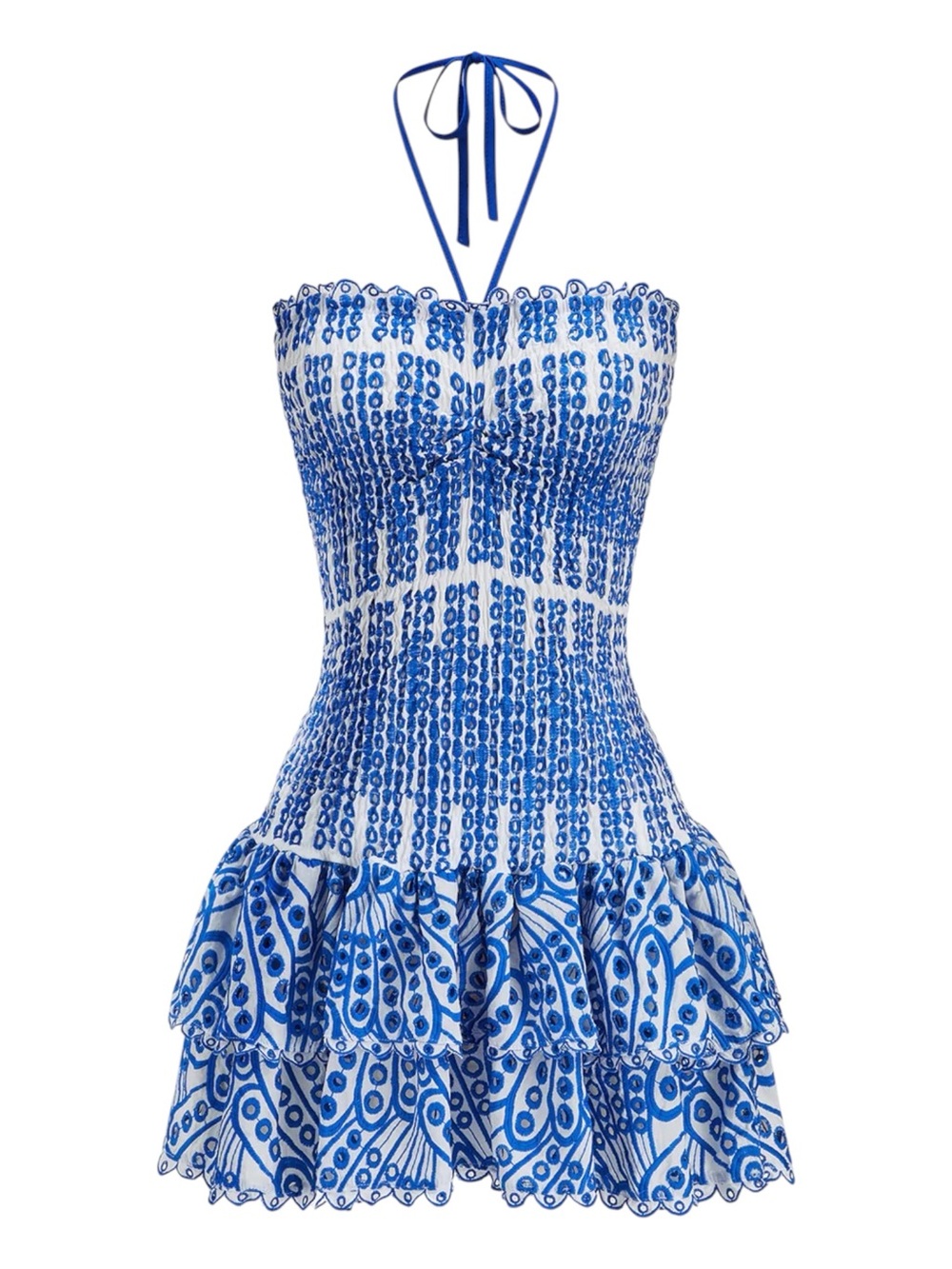 Commense Blue White Eyelet Smocked Halter Mini Dress NWT Small